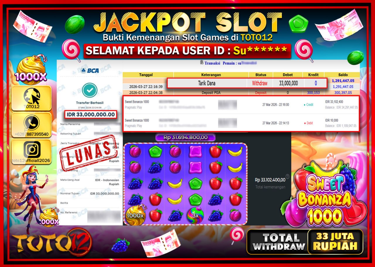 HANYA DI TOTO12 JP PASTI DI BAYAR LUNAS DAN CEPAT!!!!!! JACKPOT SLOT GAME (SWEET BONANZA 1000) Rp.33.000.000!!!!