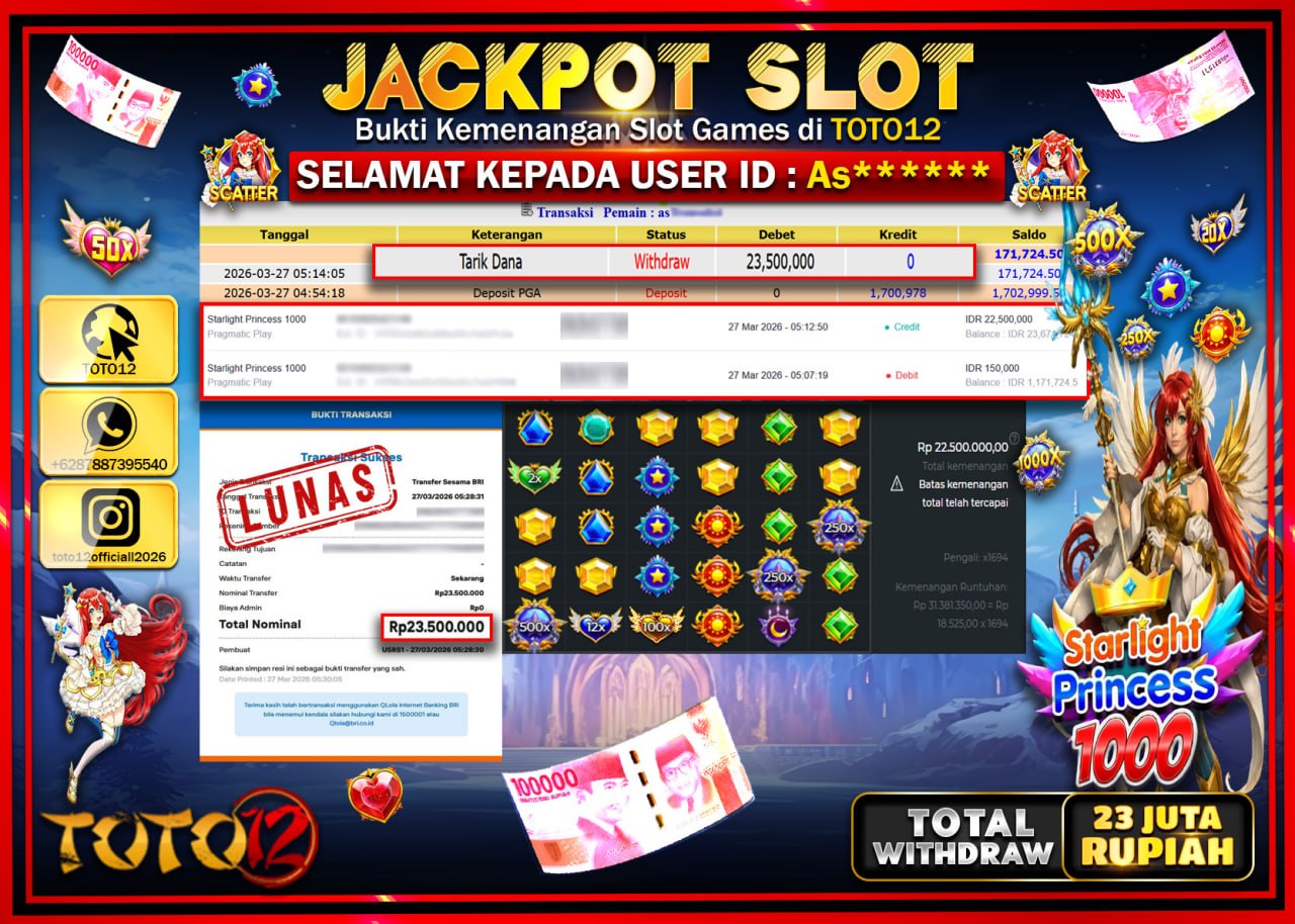 HANYA DI TOTO12 JP PASTI DI BAYAR LUNAS DAN CEPAT!!!!!! JACKPOT SLOT GAME (STARLIGHT PRINCESS 1000) Rp.23.500.000!!!!