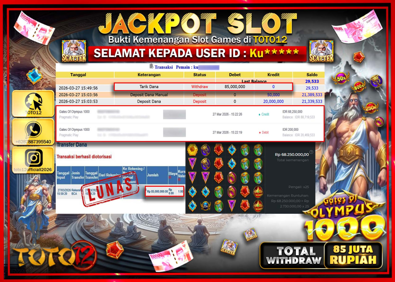 HANYA DI TOTO12 JP PASTI DI BAYAR LUNAS DAN CEPAT!!!!!! JACKPOT SLOT GAME (GATES OF OLYMPUS 1000) Rp.85.000.000!!!!