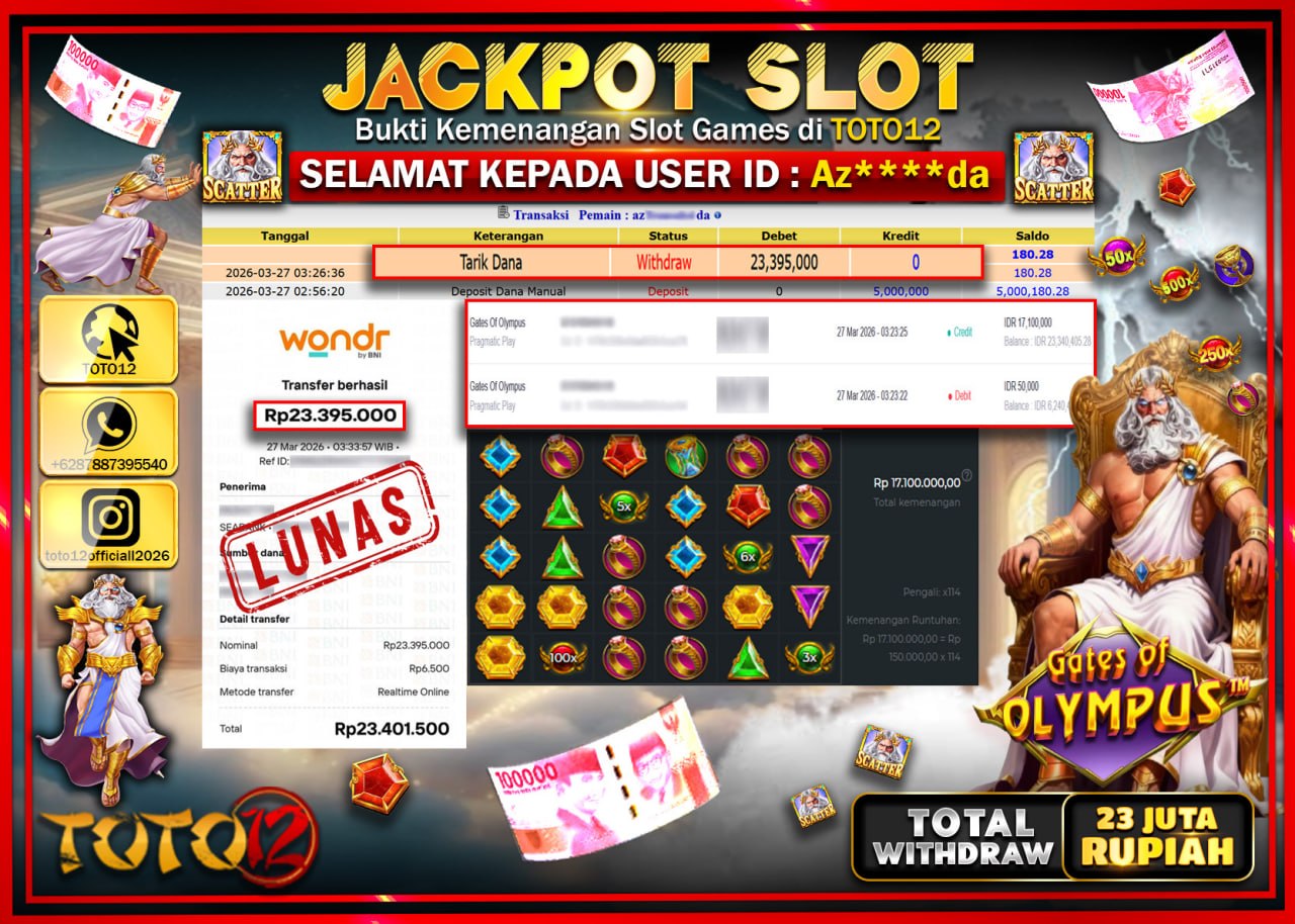 HANYA DI TOTO12 JP PASTI DI BAYAR LUNAS DAN CEPAT!!!!!! JACKPOT SLOT GAME (GATES OF OLYMPUS) Rp.23.395.000!!!!