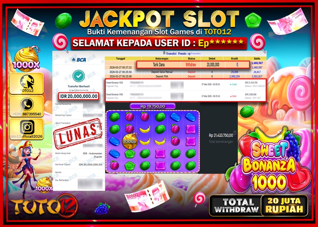 HANYA DI TOTO12 JP PASTI DI BAYAR LUNAS DAN CEPAT!!!!!! JACKPOT SLOT GAME (SWEET BONANZA 1000) Rp.20.000.000!!!!