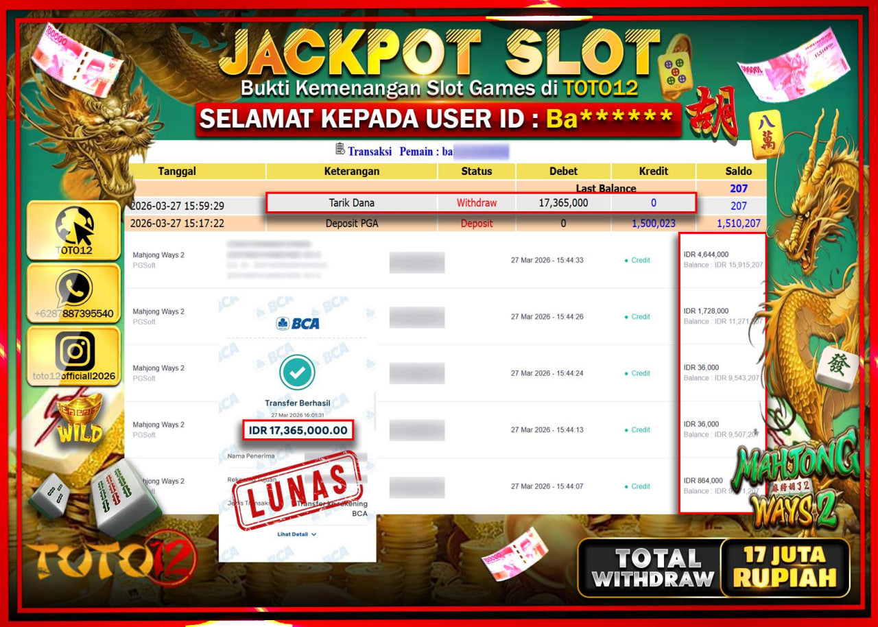 HANYA DI TOTO12 JP PASTI DI BAYAR LUNAS DAN CEPAT!!!!!! JACKPOT SLOT GAME (MAHJONG WAYS 2) Rp.17.000.000!!!!