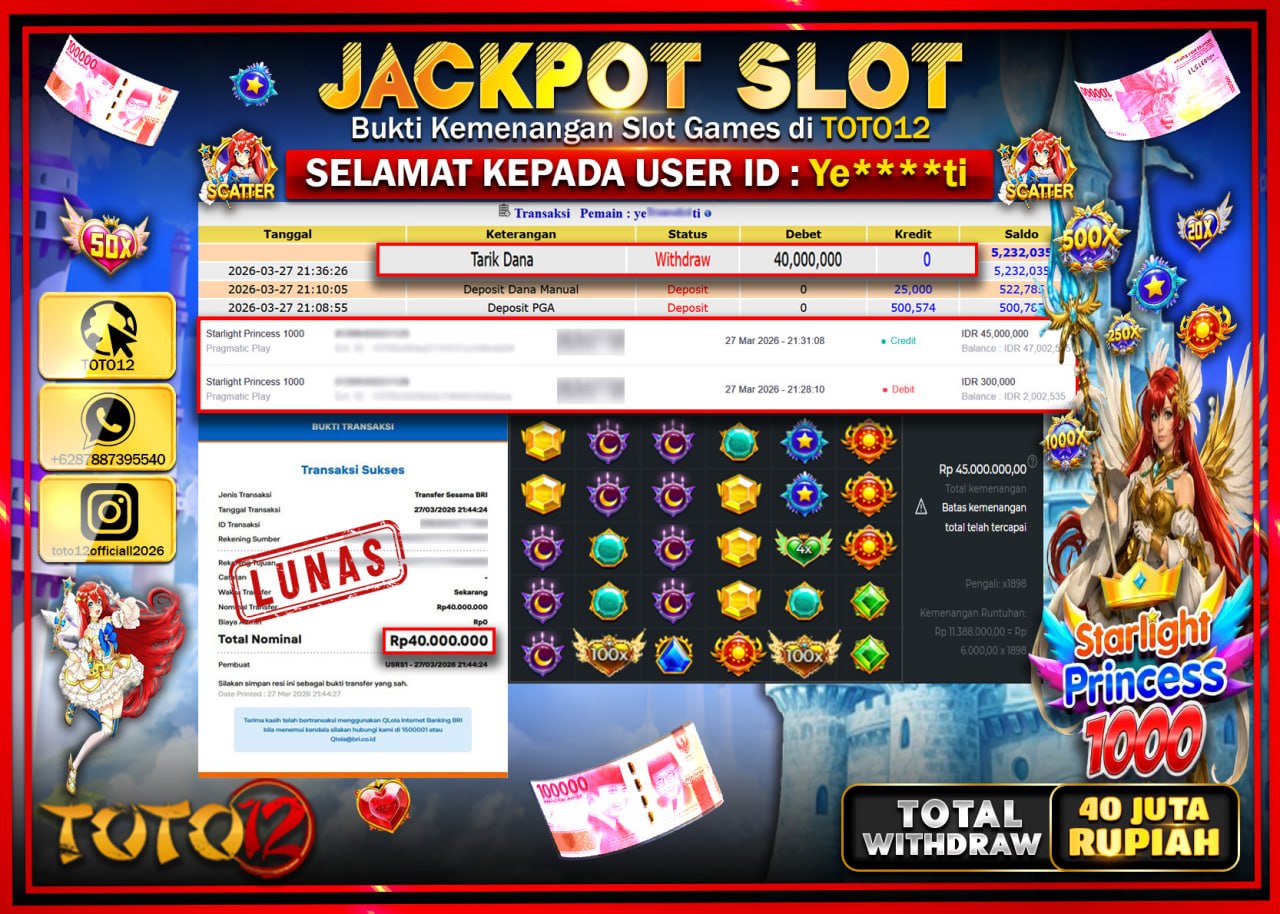HANYA DI TOTO12 JP PASTI DI BAYAR LUNAS DAN CEPAT!!!!!! JACKPOT SLOT GAME (STARLIGHT PRINCESS 1000) Rp.40.000.000!!!!