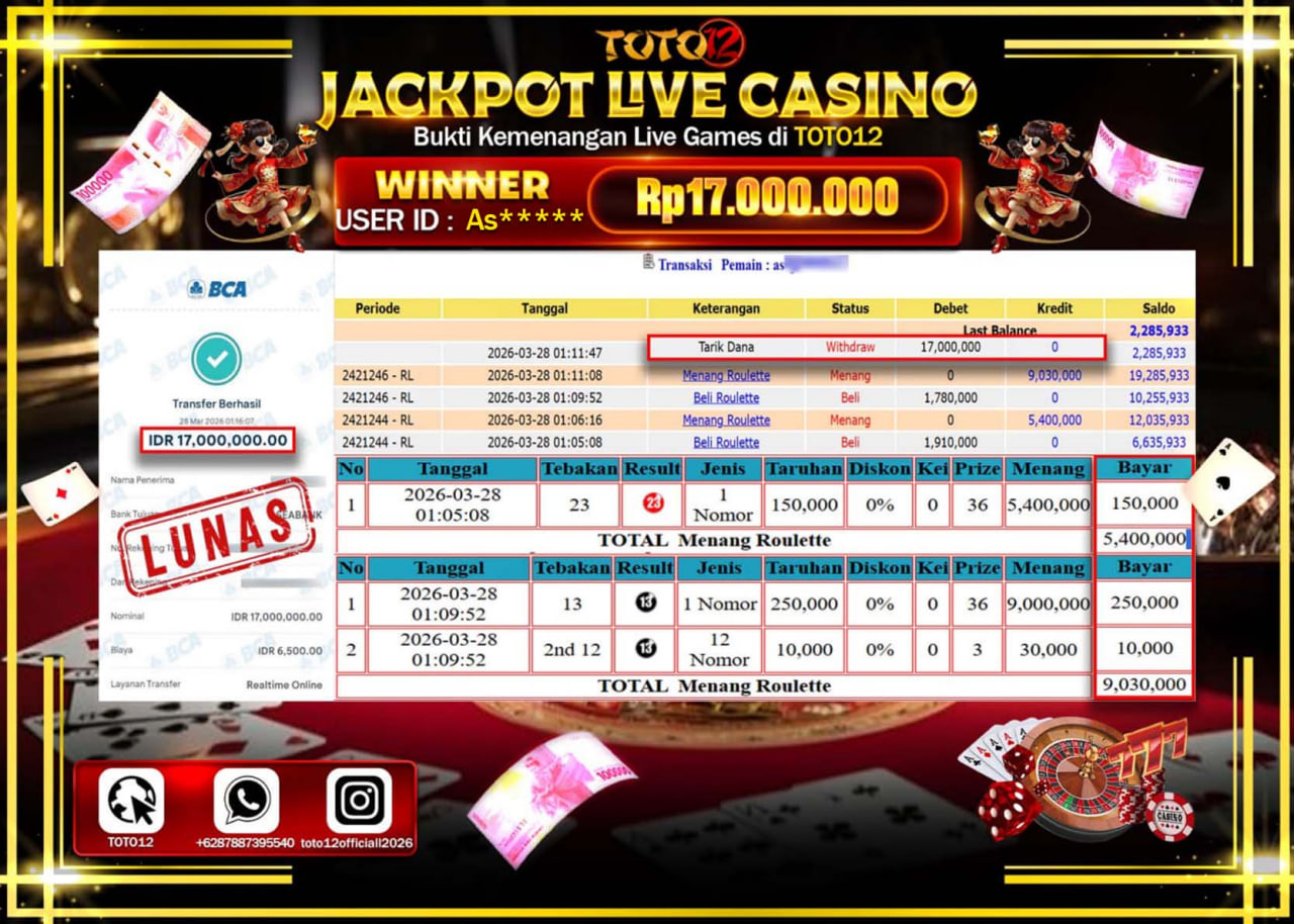 HANYA DI TOTO12 JP PASTI DI BAYAR LUNAS DAN CEPAT!!!!!! JACKPOT LIVE GAMES CASINO (ROULETTE) Rp.17.000.000!!!!