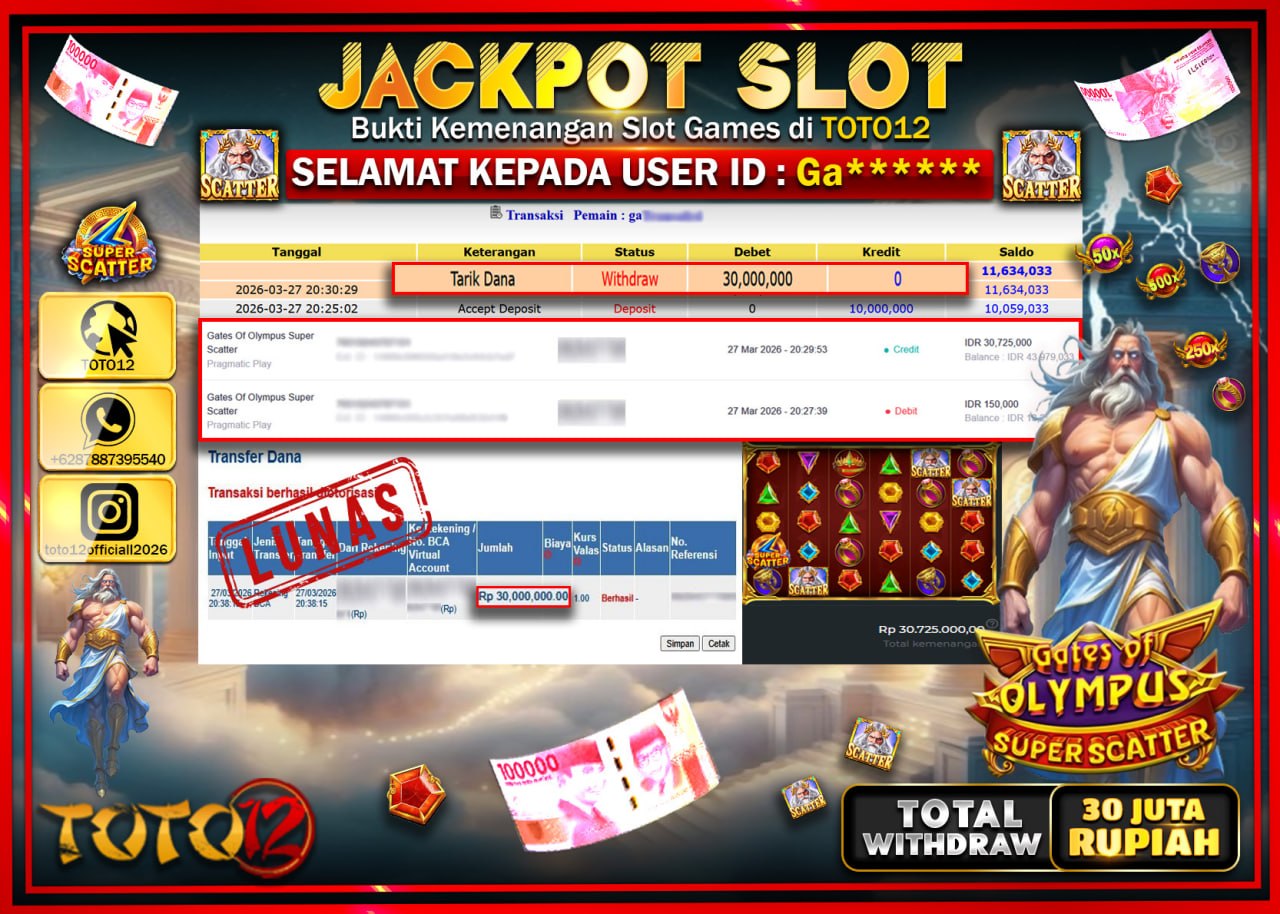 HANYA DI TOTO12 JP PASTI DI BAYAR LUNAS DAN CEPAT!!!!!! JACKPOT SLOT GAME (GATES OF OLYMPUS SUPER SCATTER) Rp.30.000.000!!!!