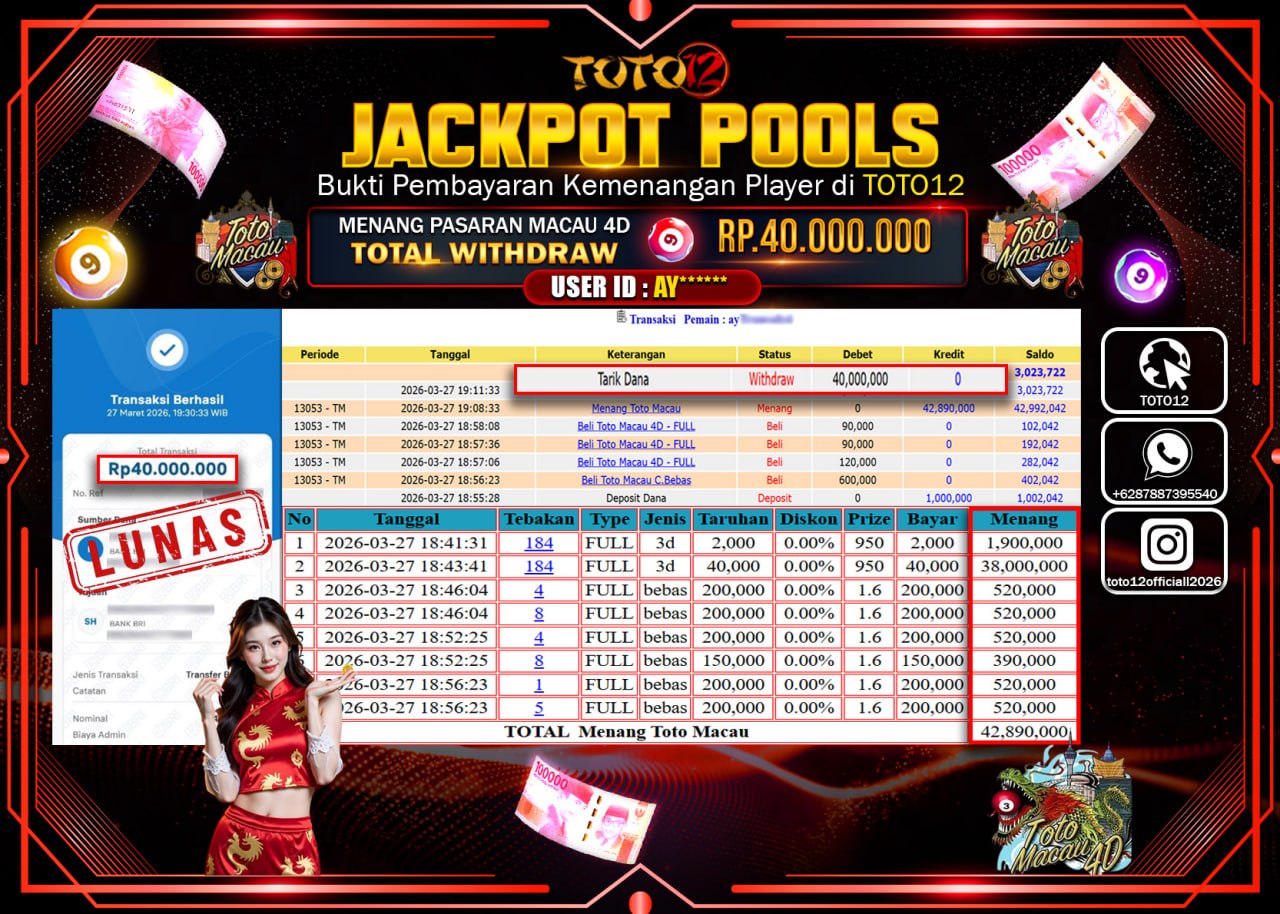 HANYA DI TOTO12 JP PASTI DI BAYAR LUNAS DAN CEPAT!!!!!! JACKPOT POOLS PASARAN(MACAU4D) Rp.40.000.000!!!!