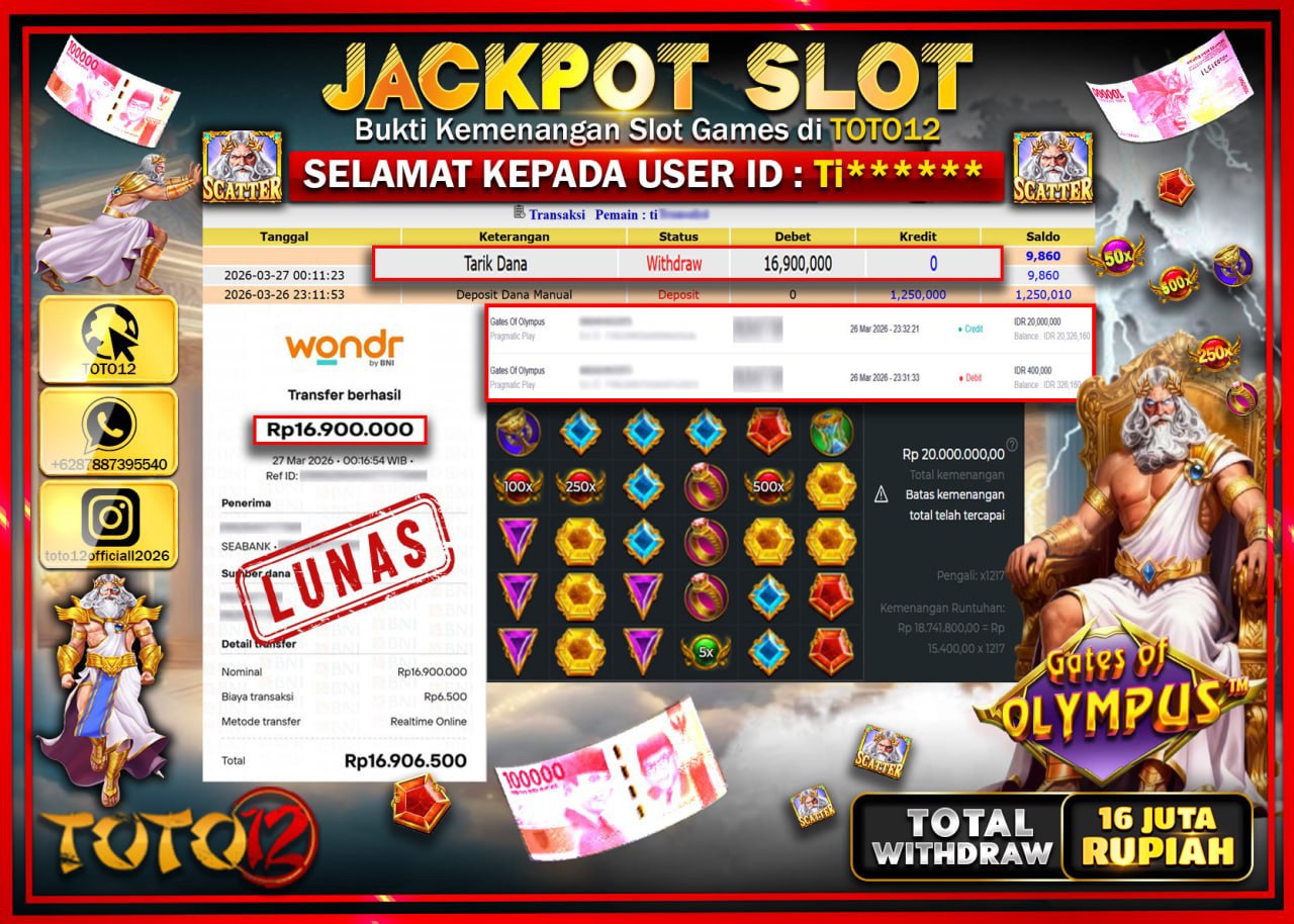 HANYA DI TOTO12 JP PASTI DI BAYAR LUNAS DAN CEPAT!!!!!! JACKPOT SLOT GAME (GATES OF OLYMPUS) Rp.16.900.000!!!!