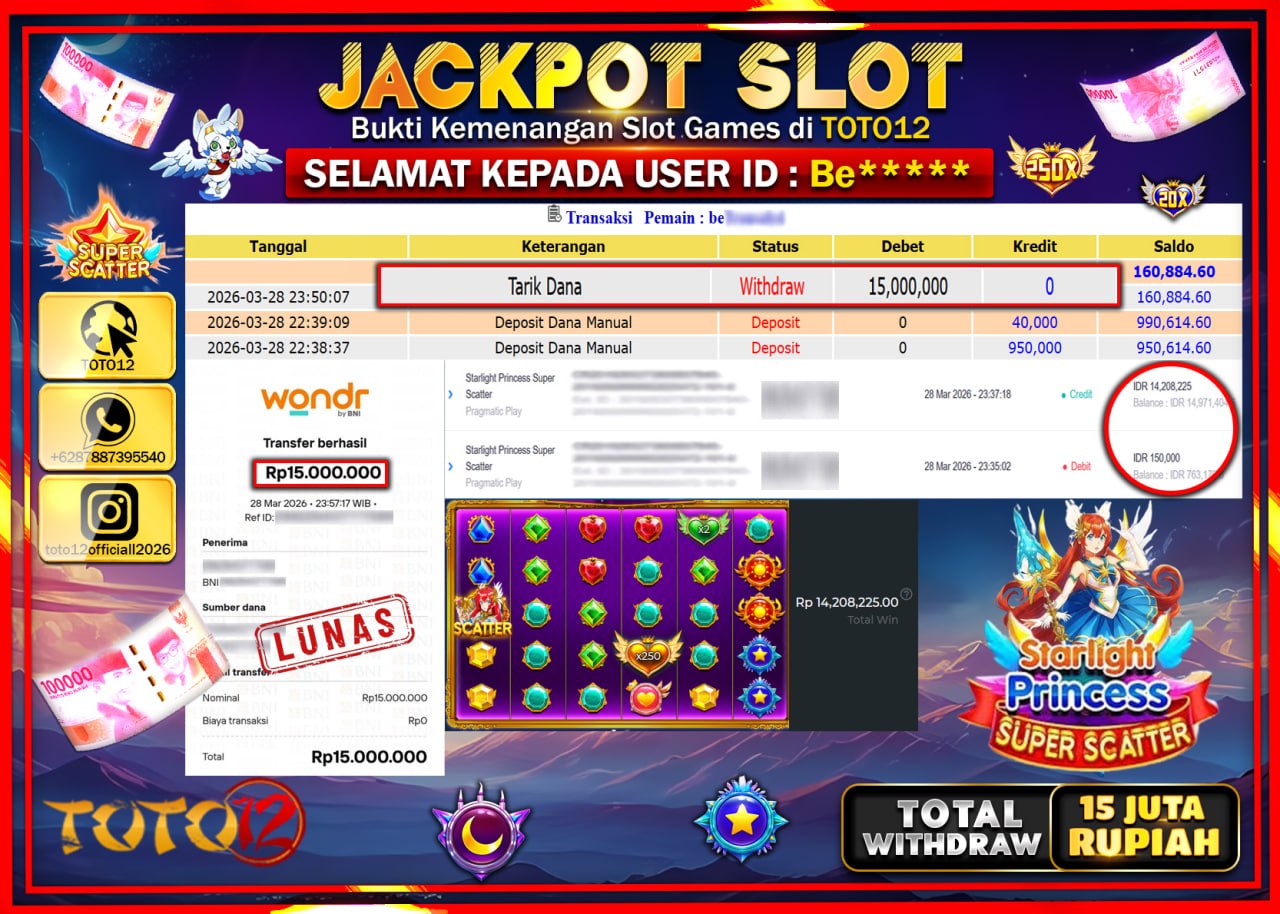 HANYA DI TOTO12 JP PASTI DI BAYAR LUNAS DAN CEPAT!!!!!! JACKPOT SLOT GAME (STARLIGHT PRINCESS SUPER SCATTER) Rp.15.000.000!!!!
