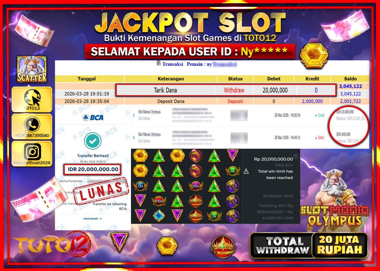 HANYA DI TOTO12 JP PASTI DI BAYAR LUNAS DAN CEPAT!!!!!! JACKPOT SLOT GAME (SLOT MANIA OLYMPUS) Rp.20.000.000!!!