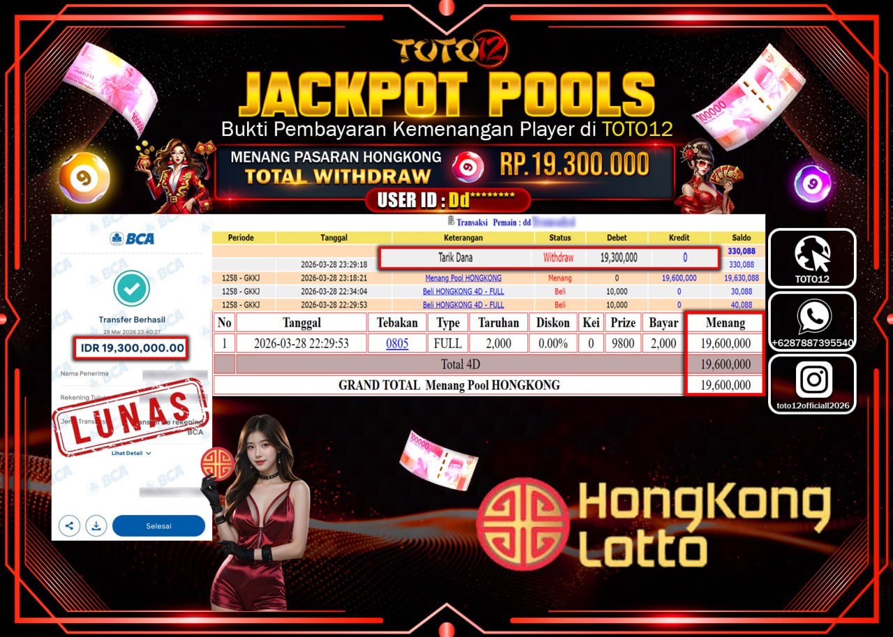 HANYA DI TOTO12 JP PASTI DI BAYAR LUNAS DAN CEPAT!!!!!! JACKPOT POOLS PASARAN(HONGKONG) Rp.19.300.000!!!!