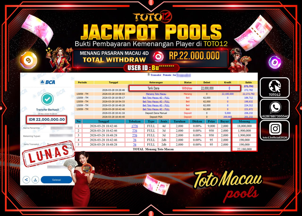 HANYA DI TOTO12 JP PASTI DI BAYAR LUNAS DAN CEPAT!!!!!! JACKPOT POOLS PASARAN(MACAU4D) Rp.22.000.000!!!!