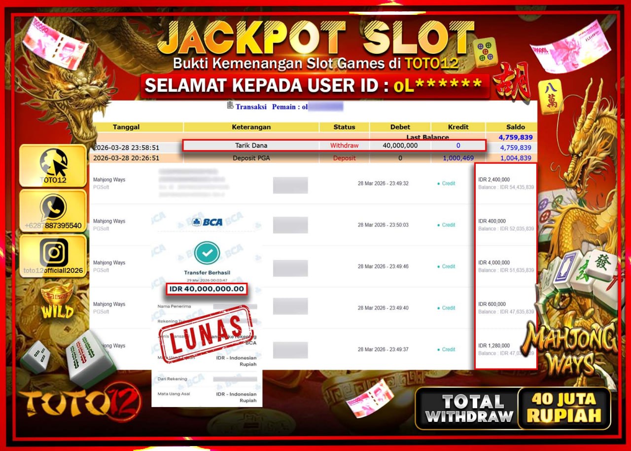 HANYA DI TOTO12 JP PASTI DI BAYAR LUNAS DAN CEPAT!!!!!! JACKPOT SLOT GAME (MAHJONG WAYS) Rp.40.000.000!!!!