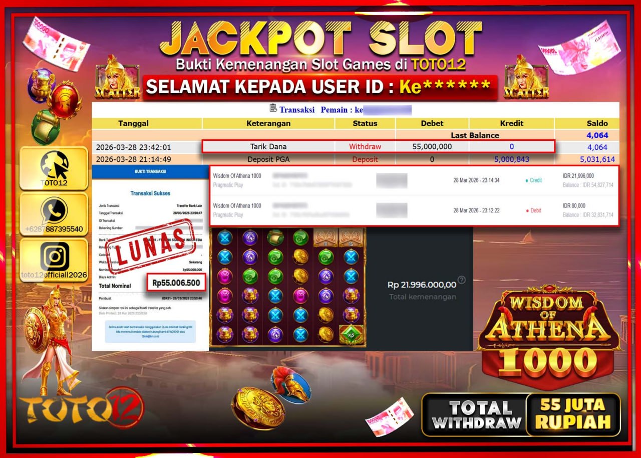 HANYA DI TOTO12 JP PASTI DI BAYAR LUNAS DAN CEPAT!!!!!! JACKPOT SLOT GAME (WISDOM OF ATHENA 1000) Rp.55.000.000!!!!