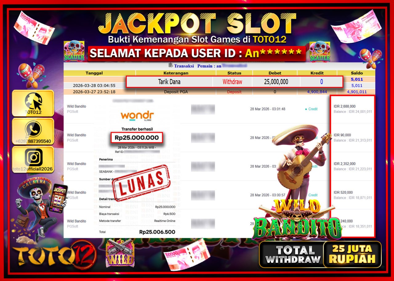 HANYA DI TOTO12 JP PASTI DI BAYAR LUNAS DAN CEPAT!!!!!! JACKPOT SLOT GAME (WILD BANDITO) Rp.25.000.000!!!!