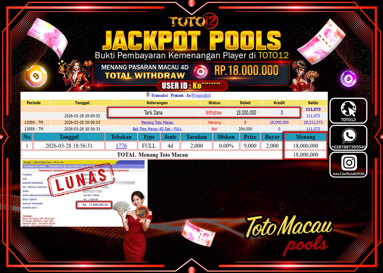 HANYA DI TOTO12 JP PASTI DI BAYAR LUNAS DAN CEPAT!!!!!! JACKPOT POOLS PASARAN(MACAU 4D) Rp.18.000.000!!!!