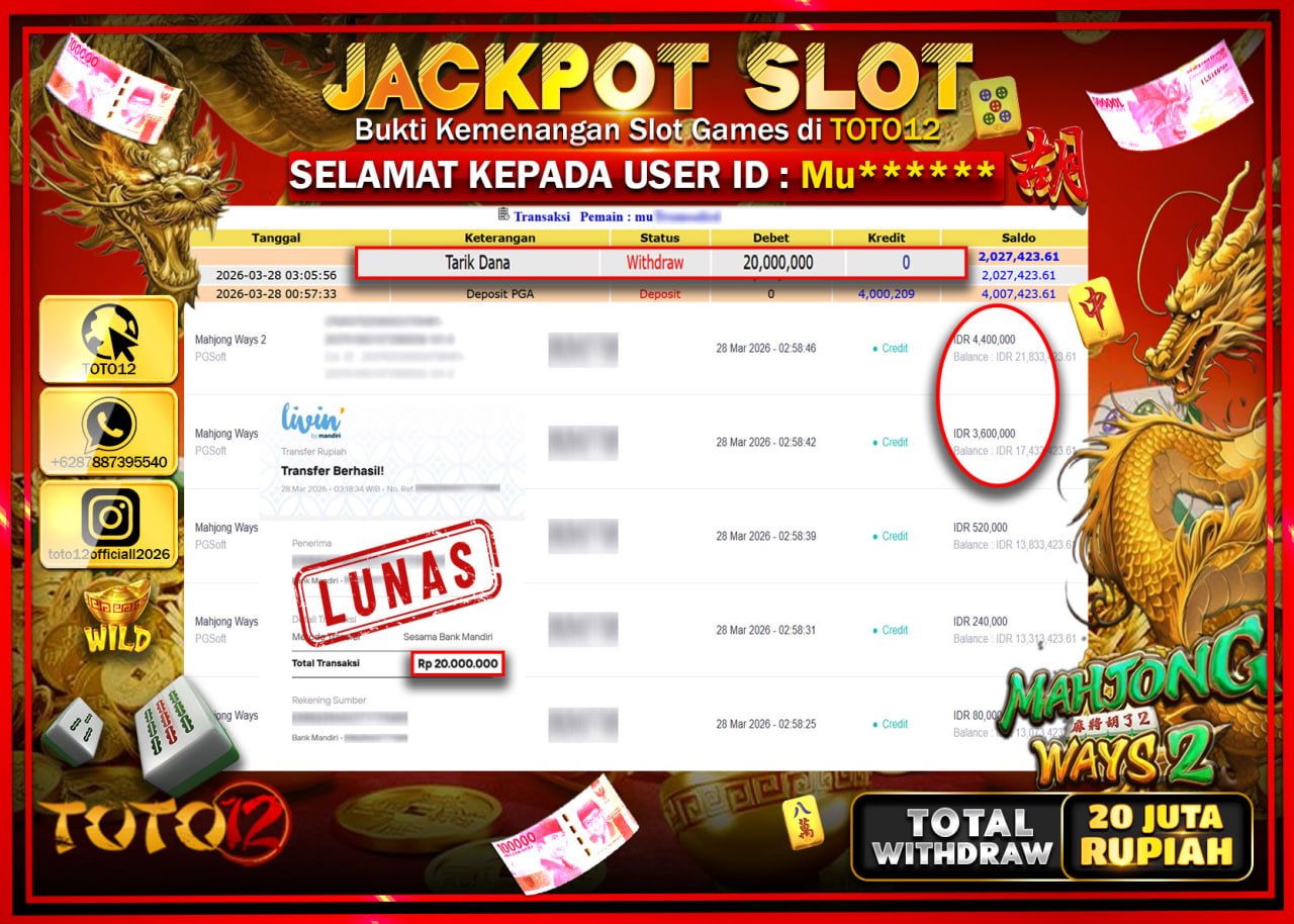 HANYA DI TOTO12 JP PASTI DI BAYAR LUNAS DAN CEPAT!!!!!! JACKPOT SLOT GAME (MAHJONG WAYS 2) Rp.20.000.000!!!!
