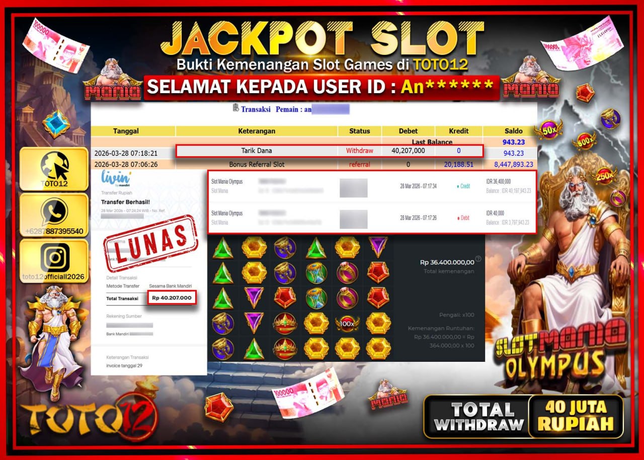 HANYA DI TOTO12 JP PASTI DI BAYAR LUNAS DAN CEPAT!!!!!! JACKPOT SLOT GAME (SLOT MANIA OLYMPUS) Rp.40.207.000!!!!