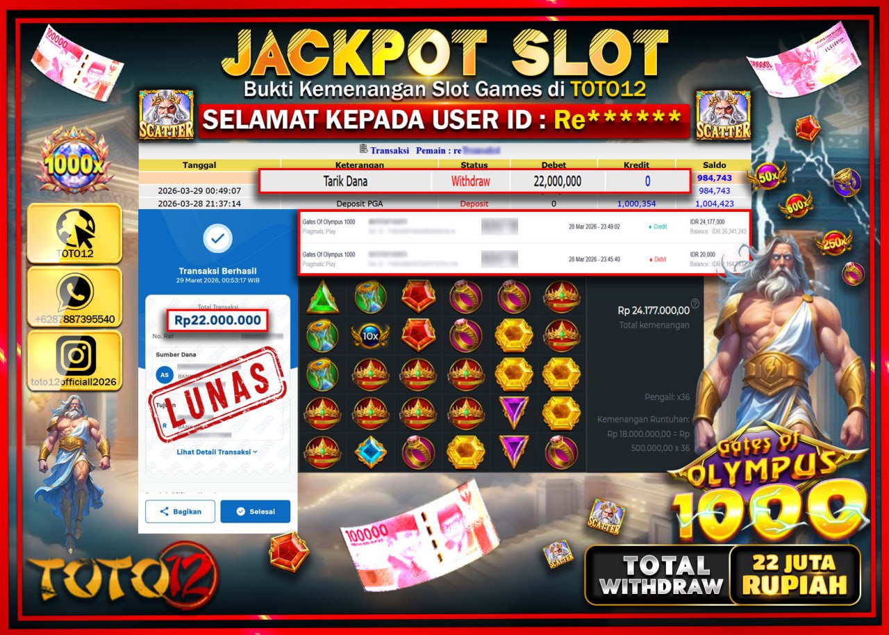 HANYA DI TOTO12 JP PASTI DI BAYAR LUNAS DAN CEPAT!!!!!! JACKPOT SLOT GAME (GATES OF OLYMPUS 1000) Rp.22.000.000!!!!