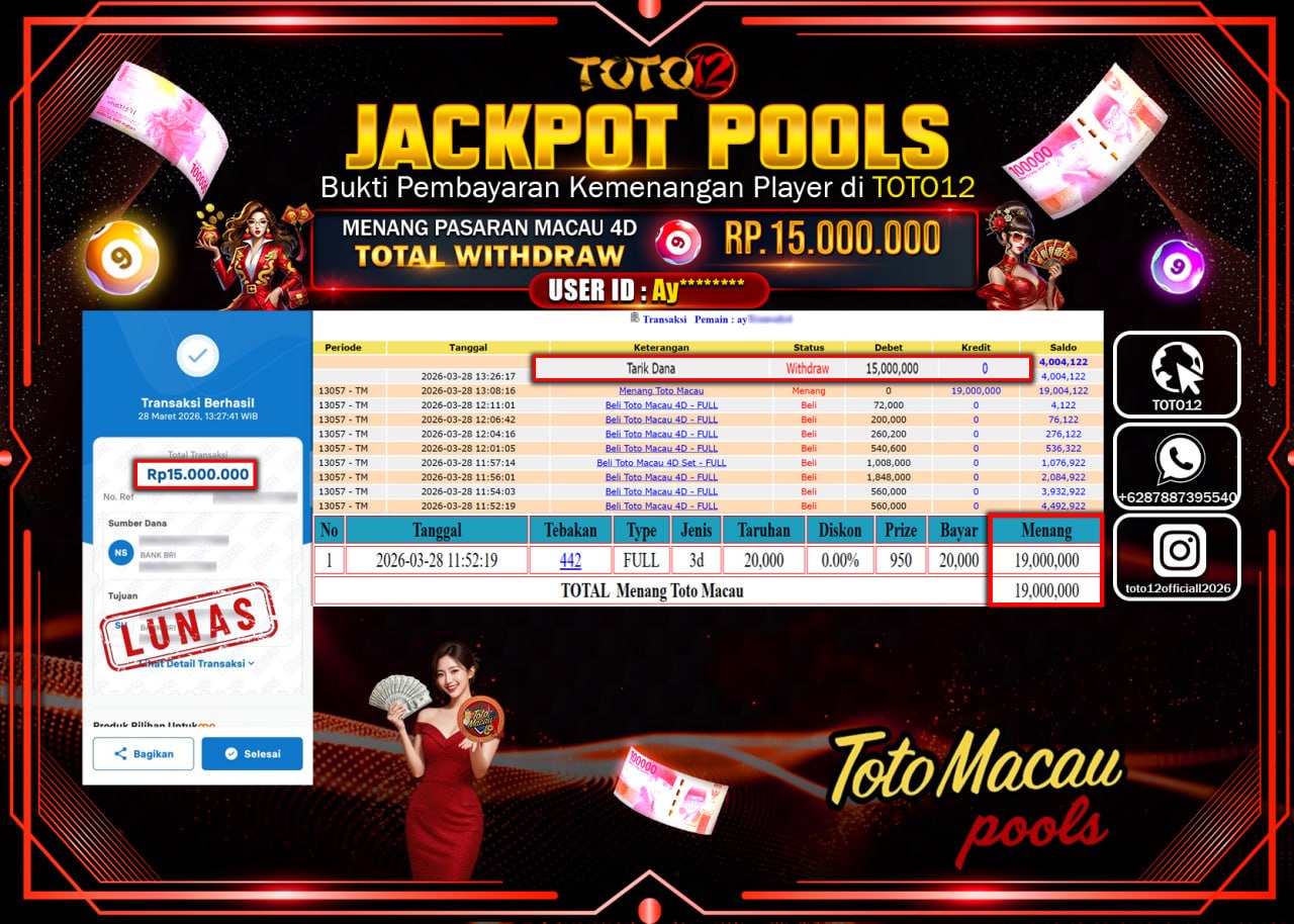 HANYA DI TOTO12 JP PASTI DI BAYAR LUNAS DAN CEPAT!!!!!! JACKPOT POOLS PASARAN(MACAU4D) Rp.15.000.000!!!!