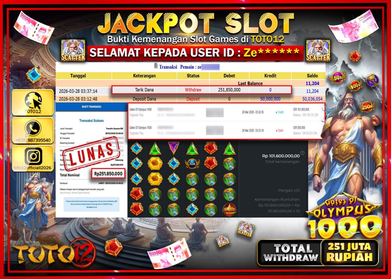 HANYA DI TOTO12 JP PASTI DI BAYAR LUNAS DAN CEPAT!!!!!! JACKPOT SLOT GAME (GATES OF OLYMPUS 1000) Rp.251.850.000!!!!