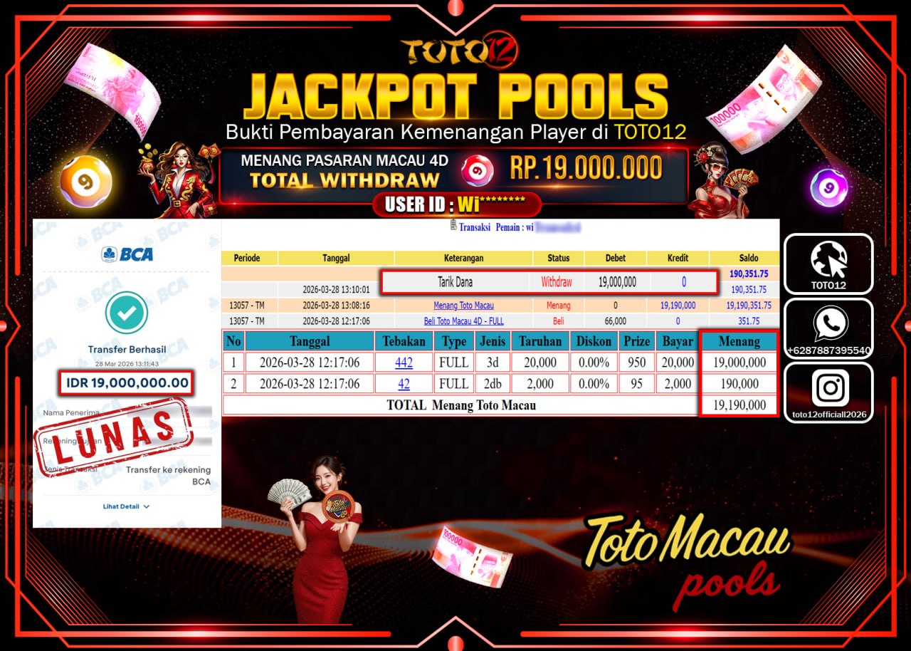 HANYA DI TOTO12 JP PASTI DI BAYAR LUNAS DAN CEPAT!!!!!! JACKPOT POOLS PASARAN(MACAU4D) Rp.19.000.000!!!!