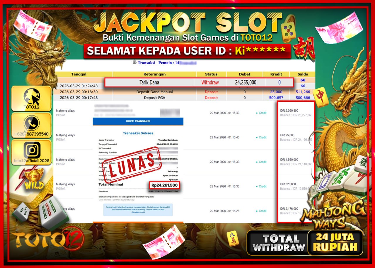 HANYA DI TOTO12 JP PASTI DI BAYAR LUNAS DAN CEPAT!!!!!! JACKPOT SLOT GAME (MAHJONG WAYS) Rp.24.255.000!!!!