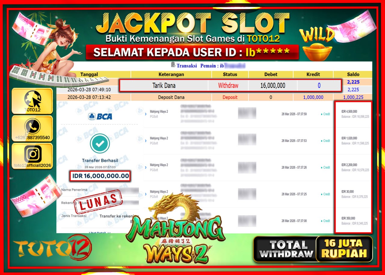 HANYA DI TOTO12 JP PASTI DI BAYAR LUNAS DAN CEPAT!!!!!! JACKPOT SLOT GAME (MAHJONG WAYS 2) Rp.16.000.000!!!!