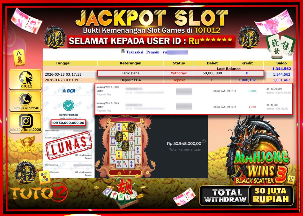 HANYA DI TOTO12 JP PASTI DI BAYAR LUNAS DAN CEPAT!!!!!! JACKPOT SLOT GAME (MAHJONG WINS 3 BLACK SCATTER) Rp.50.000.000!!!!