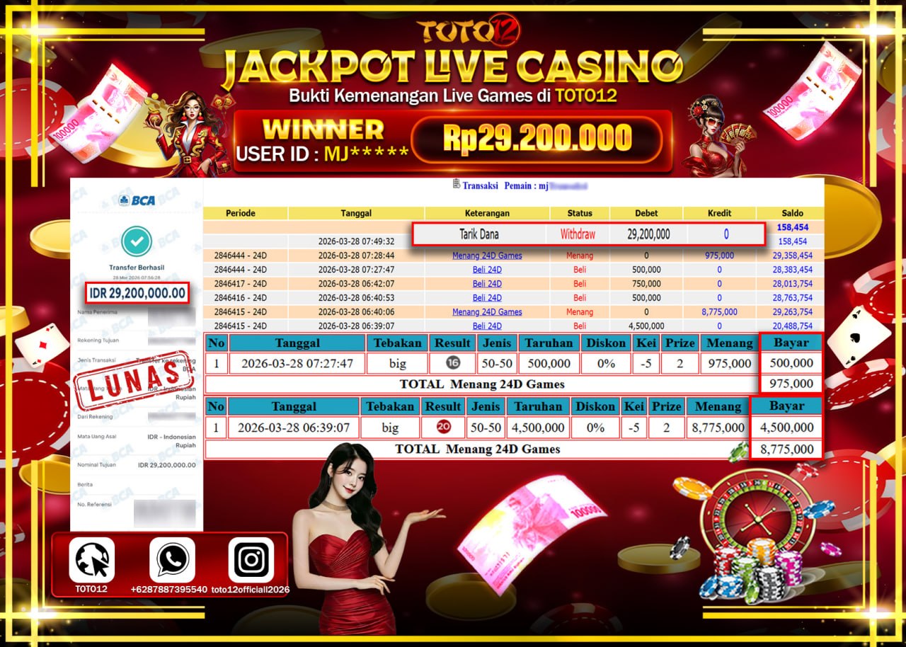 HANYA DI TOTO12 JP PASTI DI BAYAR LUNAS DAN CEPAT!!!!!! JACKPOT LIVE GAMES CASINO (24D) Rp.29.200.000!!!!