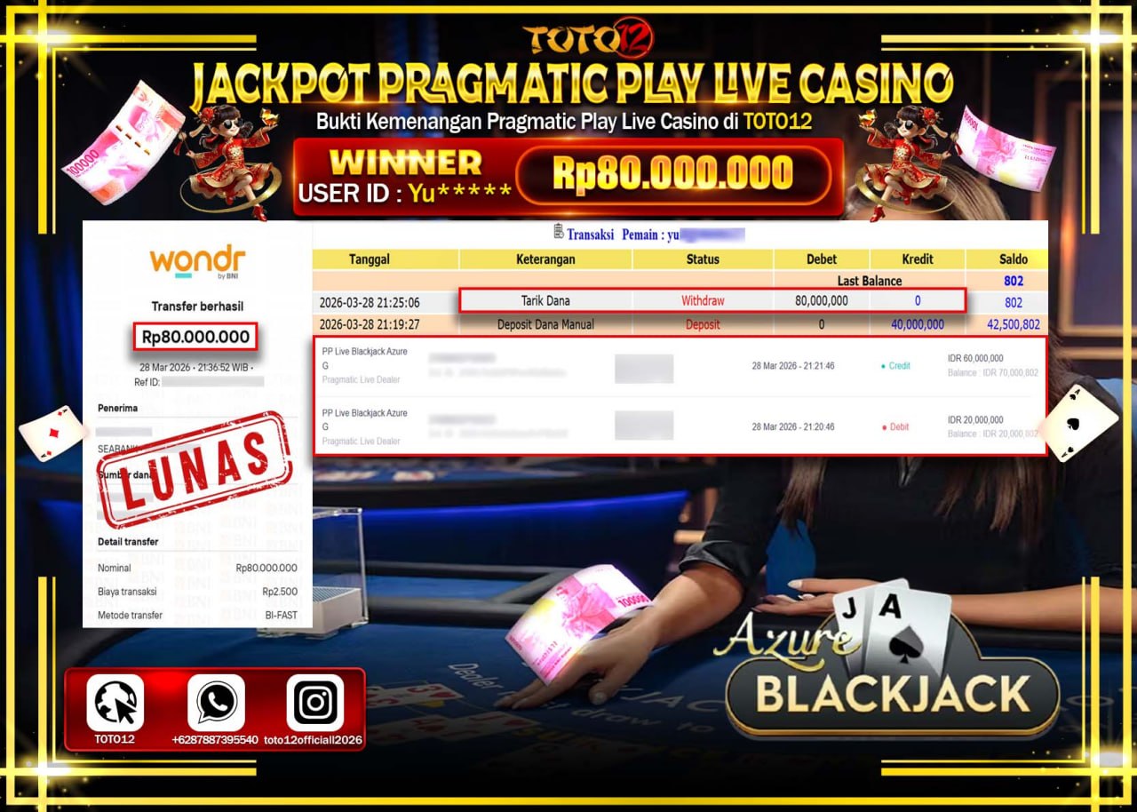 HANYA DI TOTO12 JP PASTI DI BAYAR LUNAS DAN CEPAT!!!!!! JACKPOT PRAGMATIC PLAY LIVE GAME CASINO (PP LIVE BLACKJACK AZURE G) Rp.80.000.000!!!!
