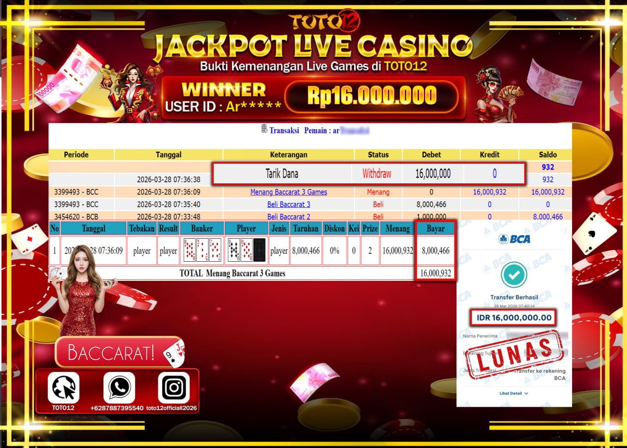 HANYA DI TOTO12 JP PASTI DI BAYAR LUNAS DAN CEPAT!!!!!! JACKPOT SLOT GAME (BACCARAT 3) Rp.16.000.000!!!!