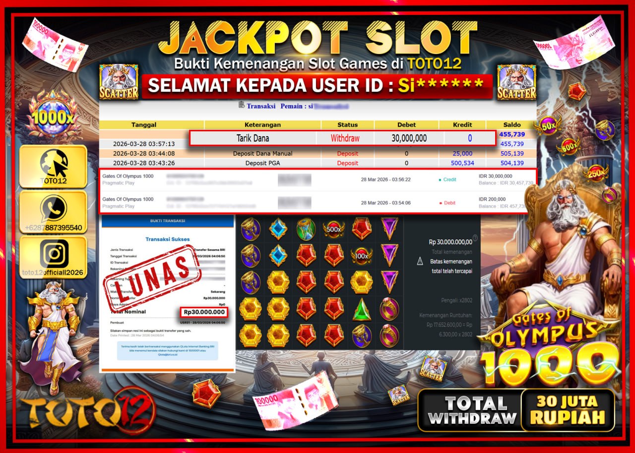 HANYA DI TOTO12 JP PASTI DI BAYAR LUNAS DAN CEPAT!!!!!! JACKPOT SLOT GAME (GATES OF OLYMPUS 1000) Rp.30.000.000!!!!