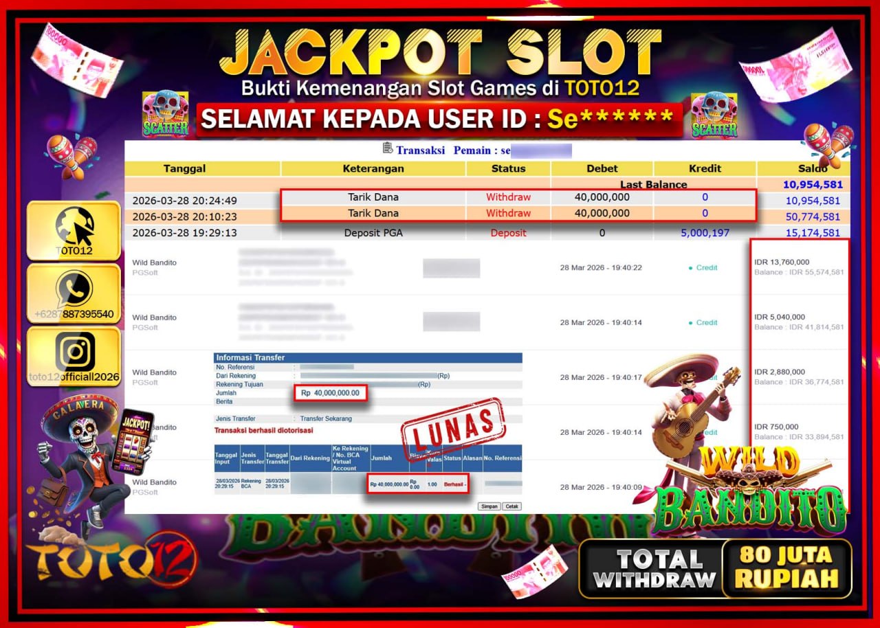 HANYA DI TOTO12 JP PASTI DI BAYAR LUNAS DAN CEPAT!!!!!! JACKPOT SLOT GAME (WILD BANDITO) Rp.80.000.000!!!!