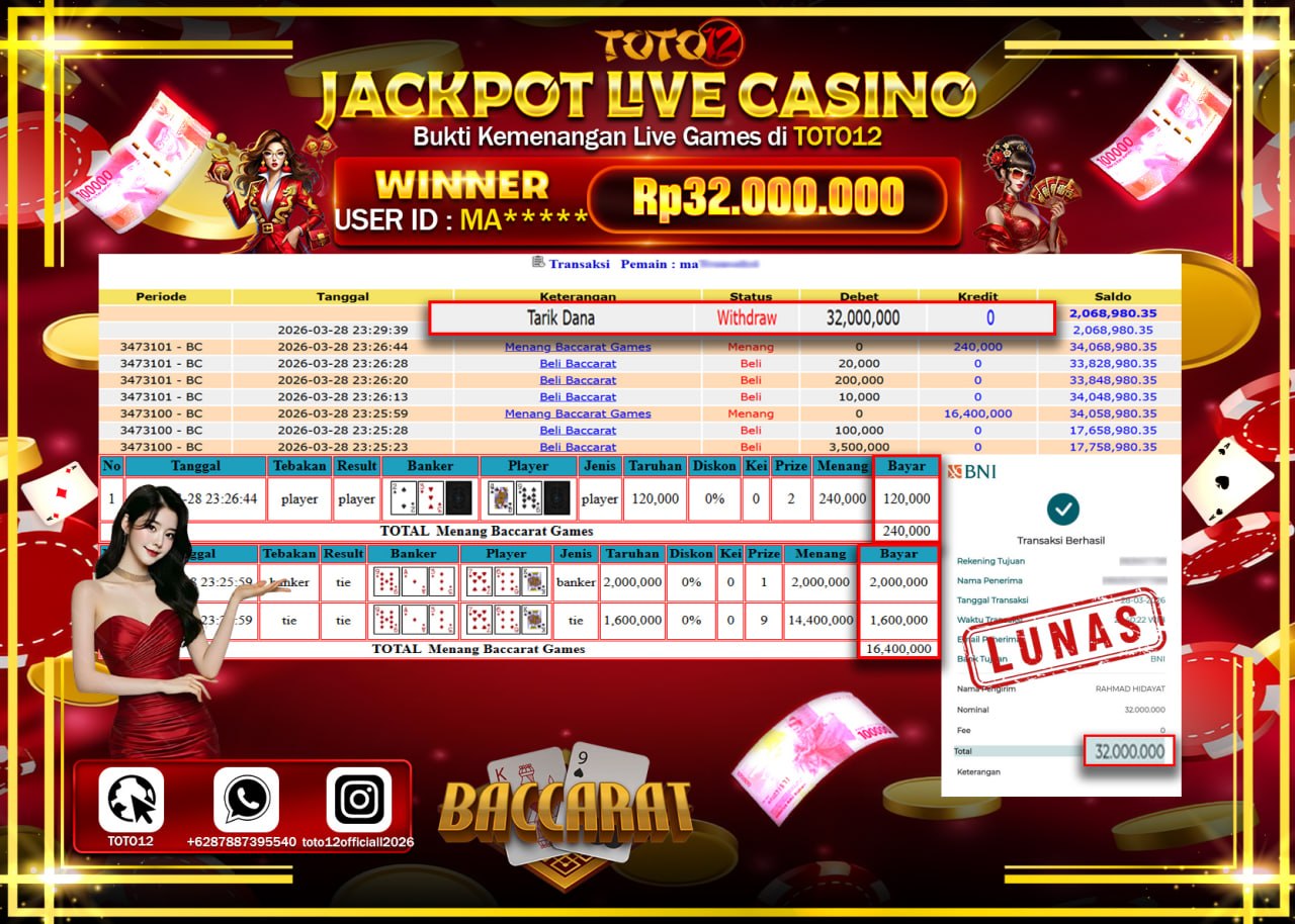 HANYA DI TOTO12 JP PASTI DI BAYAR LUNAS DAN CEPAT!!!!!! JACKPOT LIVE GAMES CASINO (BACCARAT) Rp.32.000.000!!!!