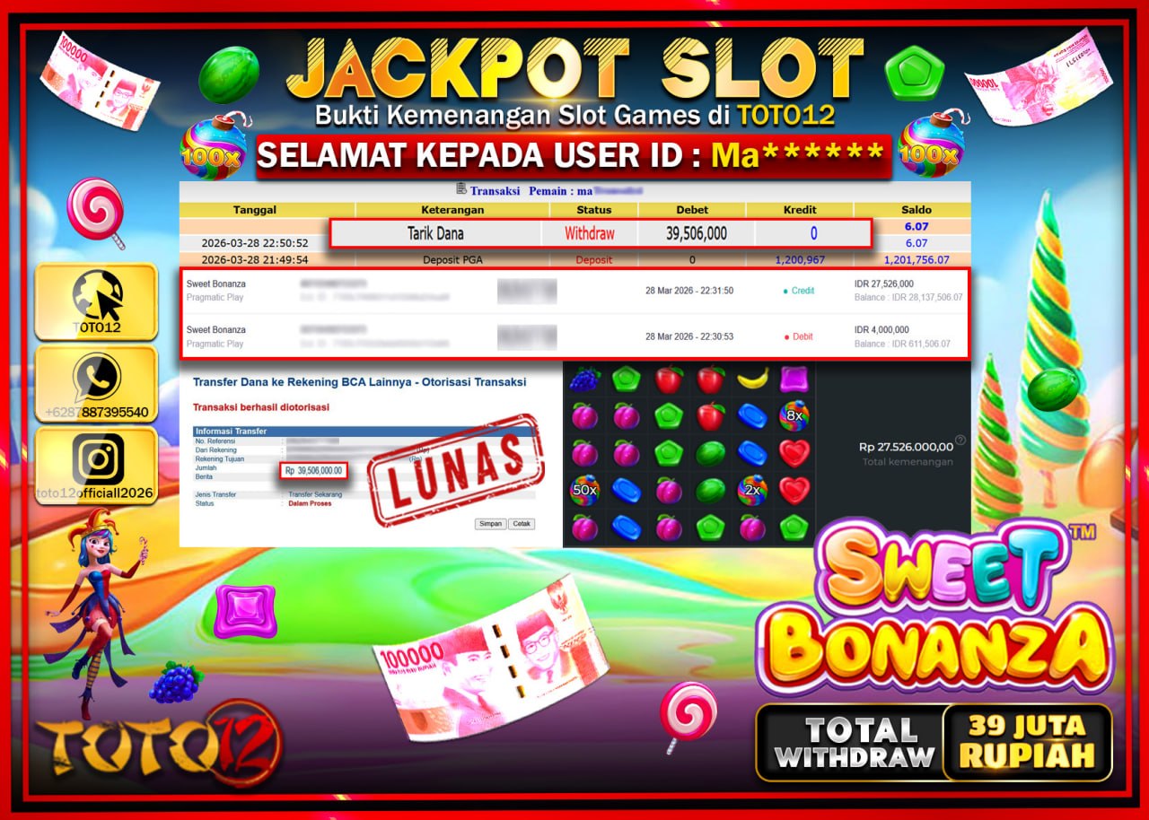 HANYA DI TOTO12 JP PASTI DI BAYAR LUNAS DAN CEPAT!!!!!! JACKPOT SLOT GAME (SWEET BONANZA) Rp.39.506.000!!!!
