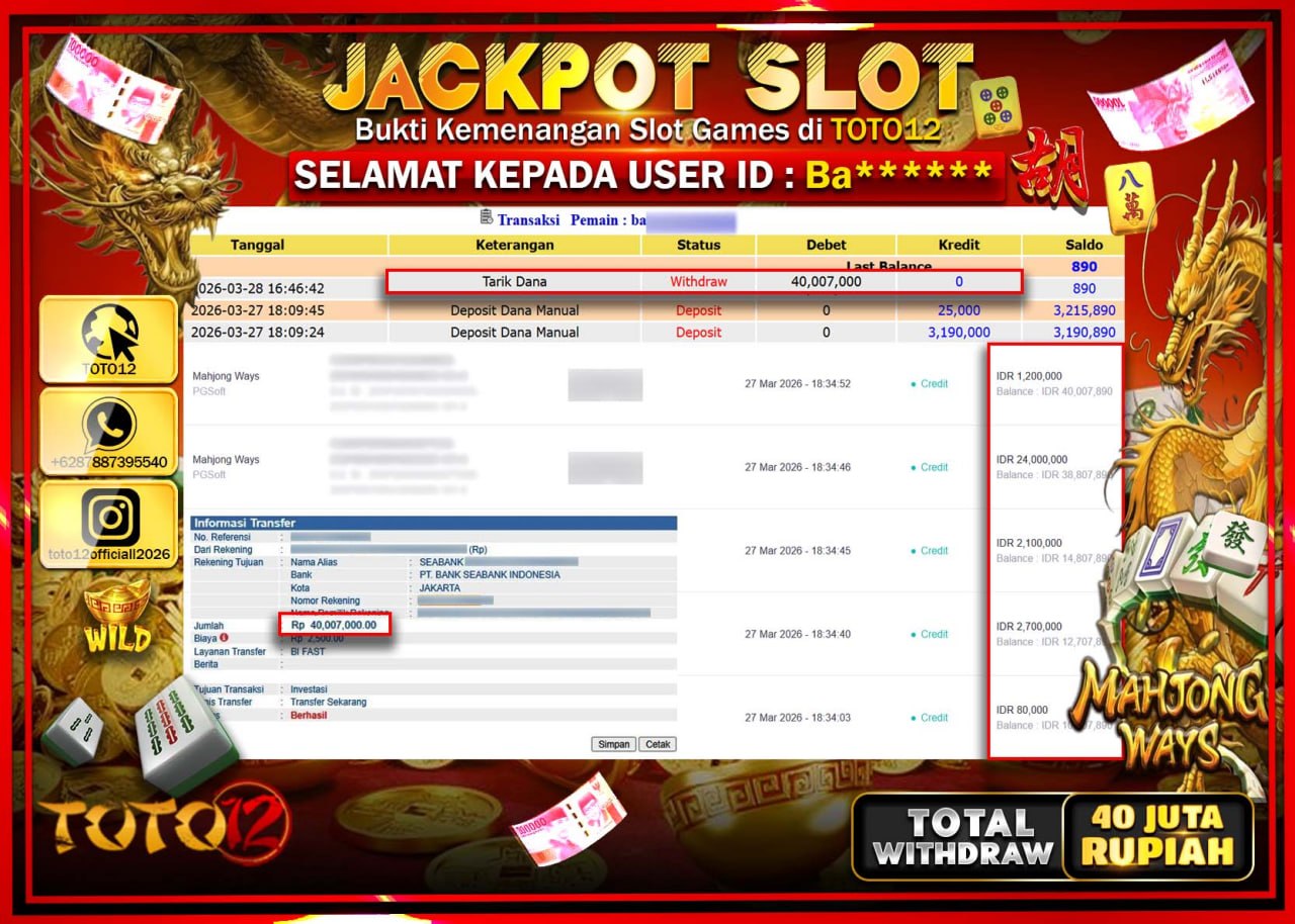 HANYA DI TOTO12 JP PASTI DI BAYAR LUNAS DAN CEPAT!!!!!! JACKPOT SLOT GAME (MAHJONG WAYS) Rp.40.007.000!!!!