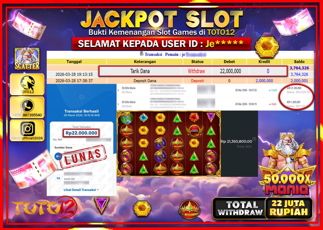 HANYA DI TOTO12 JP PASTI DI BAYAR LUNAS DAN CEPAT!!!!!! JACKPOT SLOT GAME (50.000 X MANIA) Rp.22.000.000!!!!