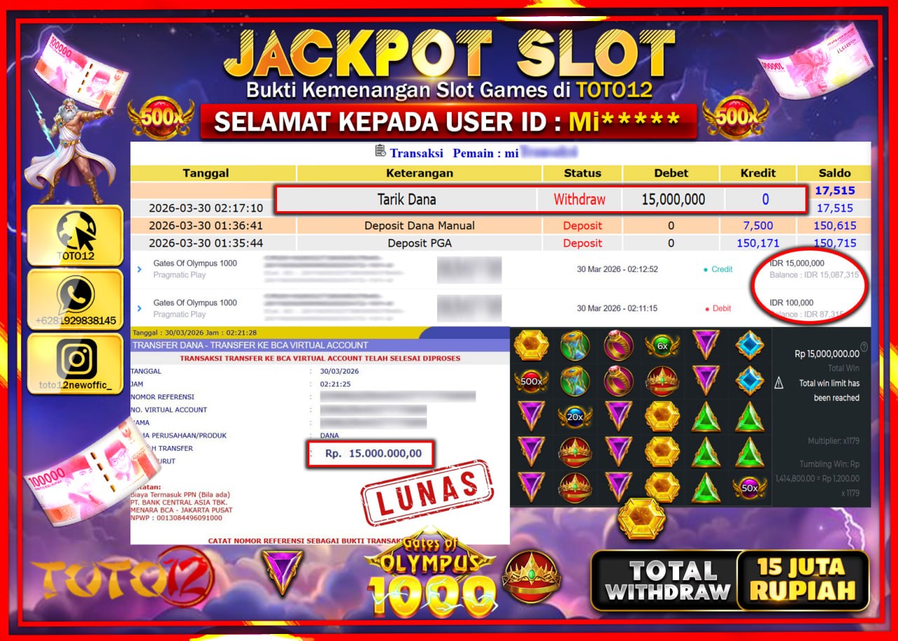 HANYA DI TOTO12 JP PASTI DI BAYAR LUNAS DAN CEPAT!!!!!! JACKPOT SLOT GAME (SLOT MANIA OLYMPUS 1000) Rp.15.000.000!!!!