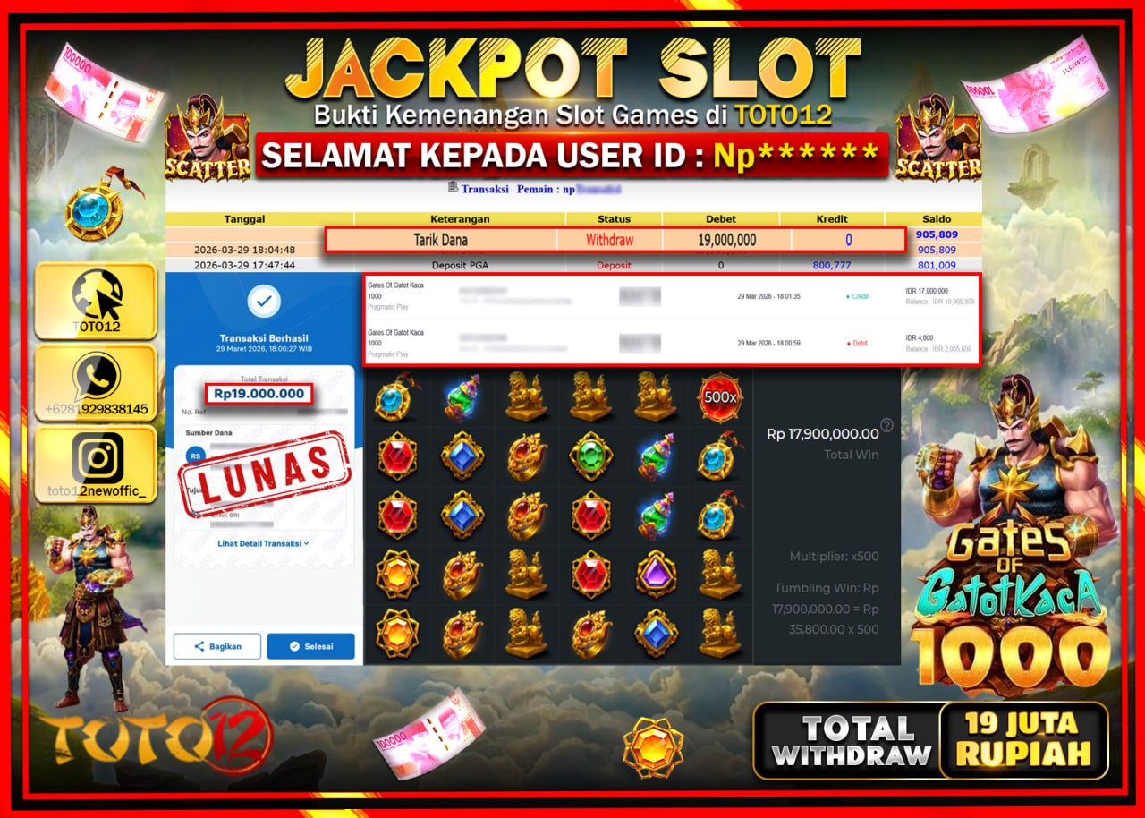 HANYA DI TOTO12 JP PASTI DI BAYAR LUNAS DAN CEPAT!!!!!! JACKPOT SLOT GAME (GATES OF GATOTKACA 1000) Rp.19.000.000!!!!