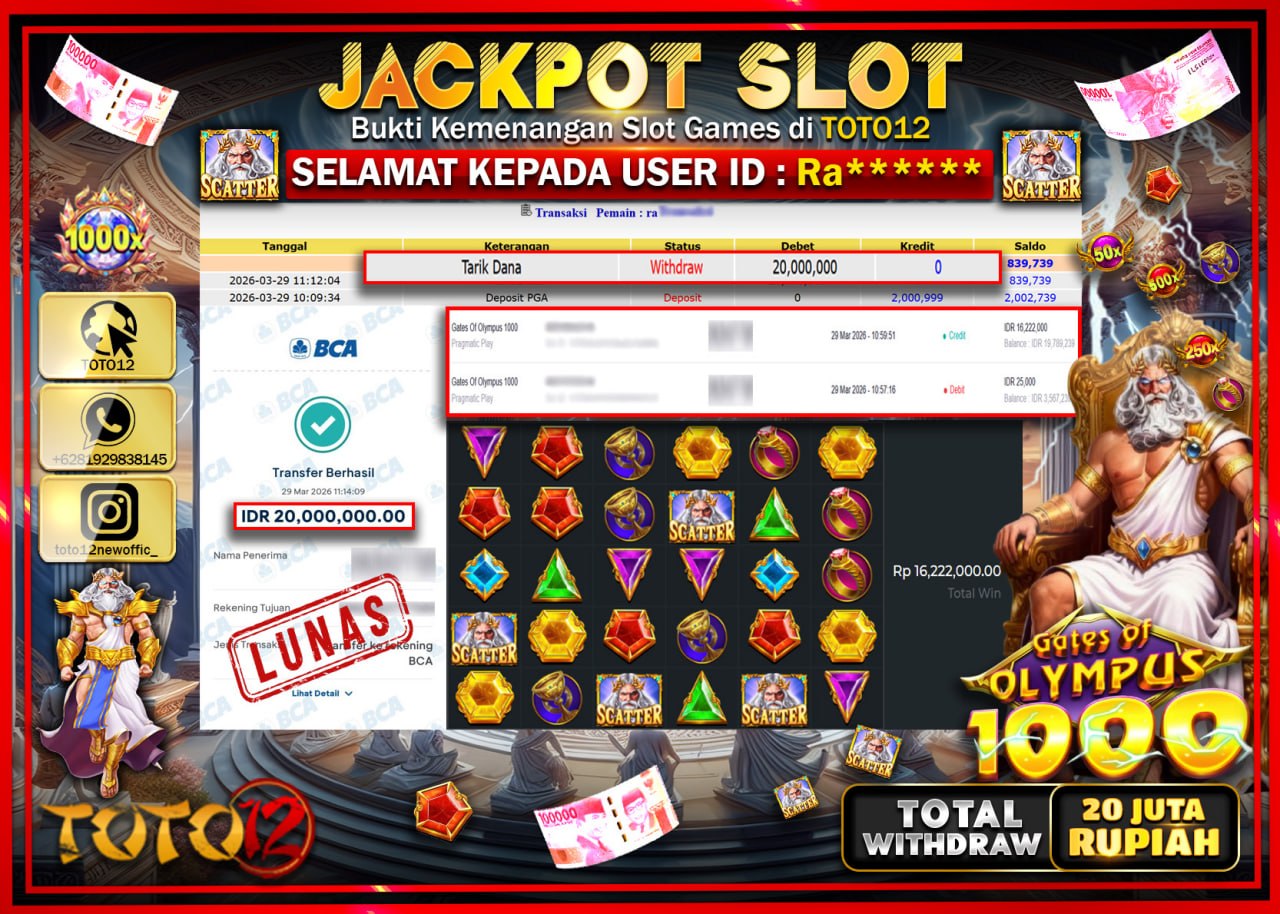 HANYA DI TOTO12 JP PASTI DI BAYAR LUNAS DAN CEPAT!!!!!! JACKPOT SLOT GAME (SLOT MANIA OLYMPUS 1000) Rp.20.000.000!!!!