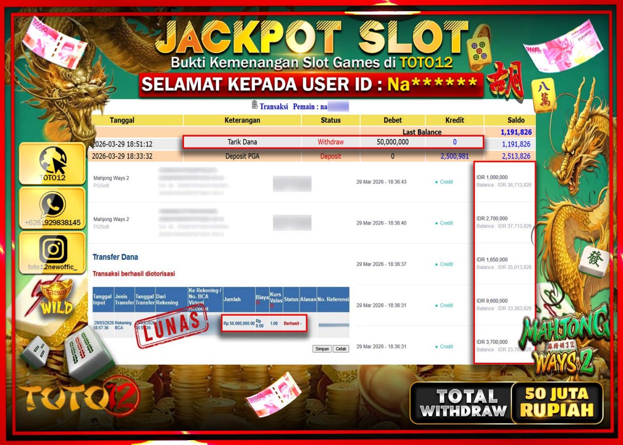 HANYA DI TOTO12 JP PASTI DI BAYAR LUNAS DAN CEPAT!!!!!! JACKPOT SLOT GAME (MAHJONG WAYS 2) Rp.50.000.000!!!!