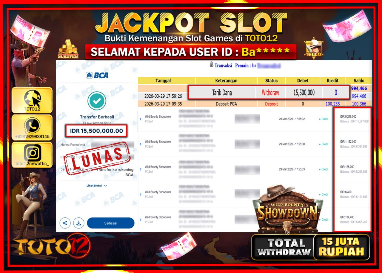 cHANYA DI TOTO12 JP PASTI DI BAYAR LUNAS DAN CEPAT!!!!!! JACKPOT SLOT GAME (WILD BOUNTY SHOWDOWN) Rp.15.500.000!!!!