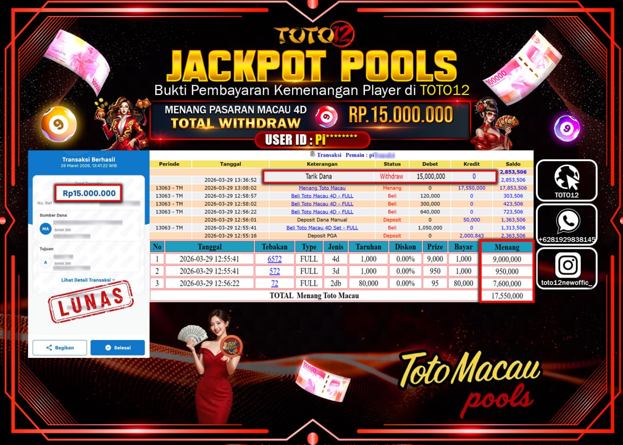 HANYA DI TOTO12 JP PASTI DI BAYAR LUNAS DAN CEPAT!!!!!! JACKPOT POOLS PASARAN(MACAU 4D) Rp.15.000.000!!!!