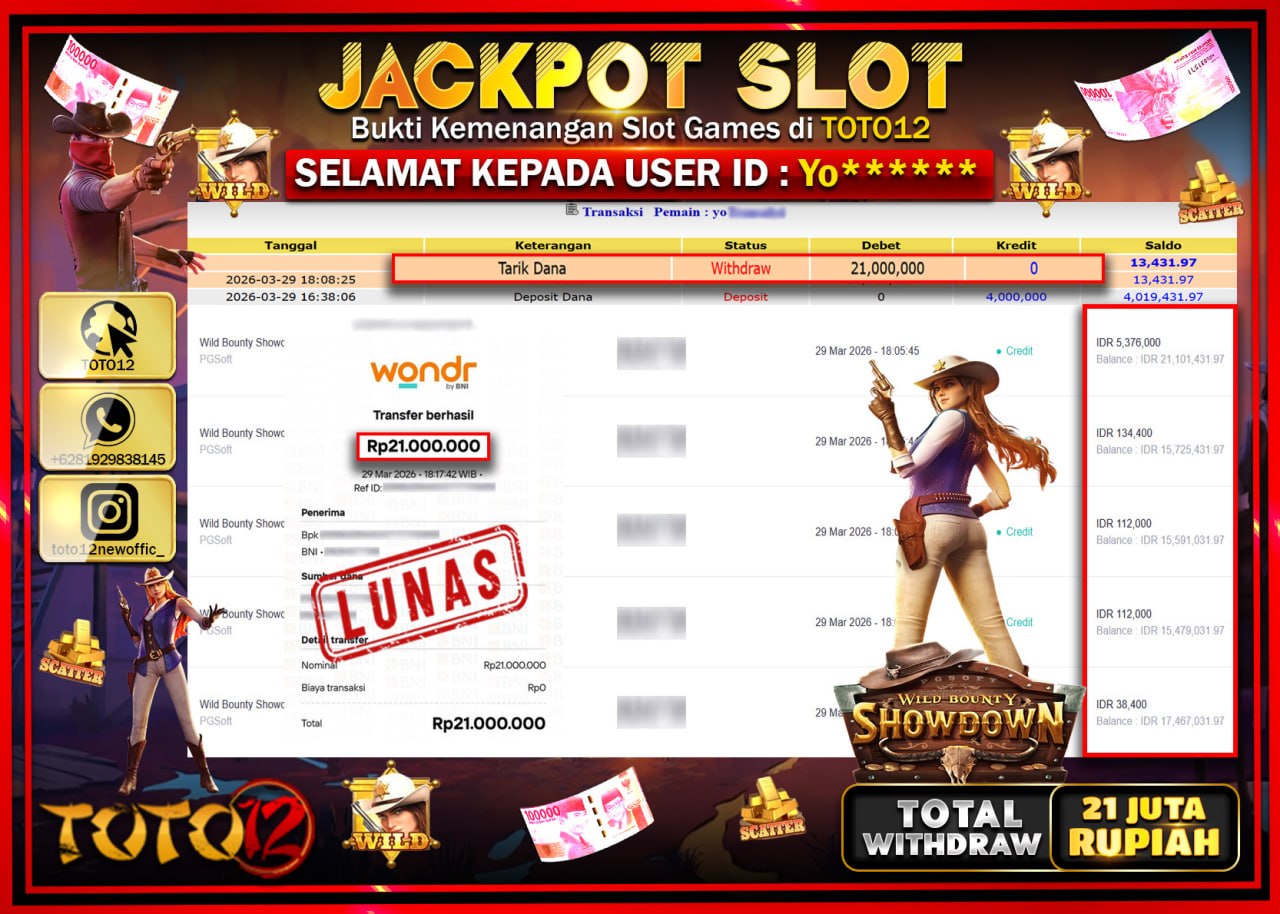 HANYA DI TOTO12 JP PASTI DI BAYAR LUNAS DAN CEPAT!!!!!! JACKPOT SLOT GAME (WILD BOUNDTY SHOWDOWN) Rp.21.000.000!!!!