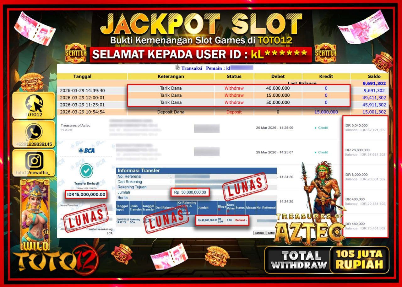 HANYA DI TOTO12 JP PASTI DI BAYAR LUNAS DAN CEPAT!!!!!! JACKPOT SLOT GAME (TREASURE OF AZTEC) Rp.105.000.000!!!!