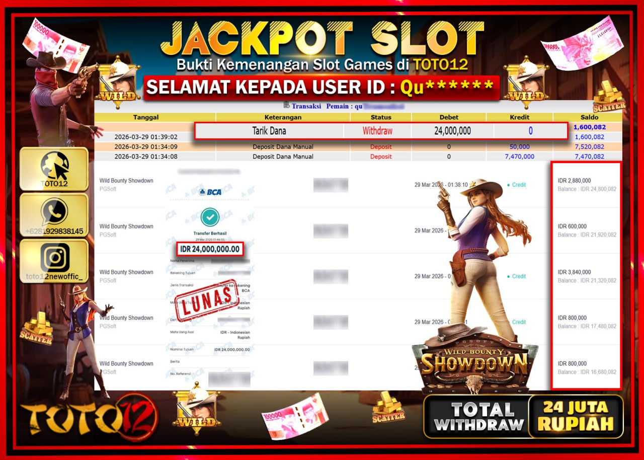 HANYA DI TOTO12 JP PASTI DI BAYAR LUNAS DAN CEPAT!!!!!! JACKPOT SLOT GAME (WILD BOUNTY SHOWDOWN) Rp.24.000.000!!!!