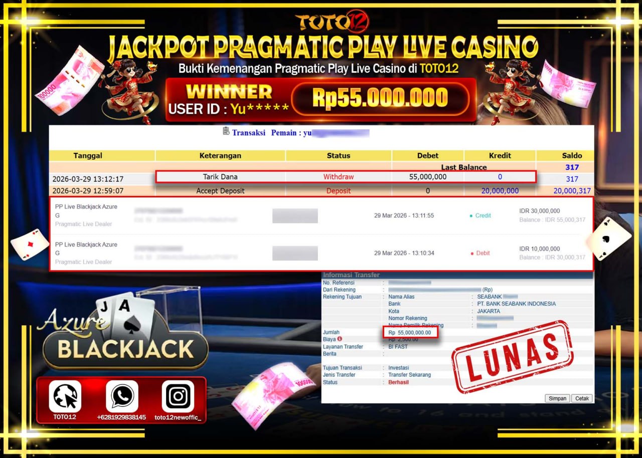HANYA DI TOTO12 JP PASTI DI BAYAR LUNAS DAN CEPAT!!!!!! JACKPOT PRAGMATIC PLAY LIVE GAME CASINO (PP LIVE BLACKJACK AZURE G) Rp.55.000.000!!!!