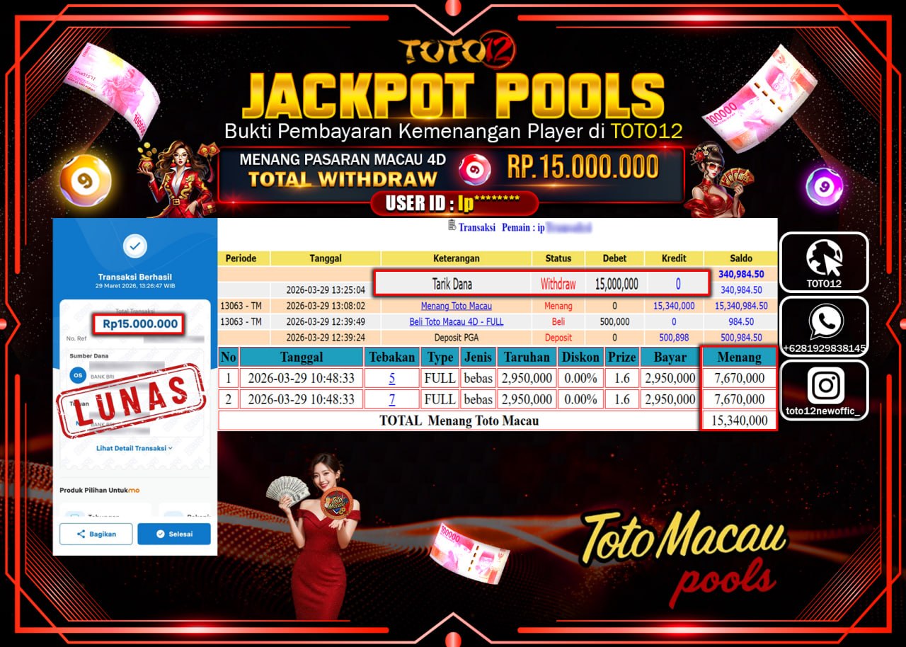 HANYA DI TOTO12 JP PASTI DI BAYAR LUNAS DAN CEPAT!!!!!! JACKPOT POOLS PASARAN(MACAU 4D) Rp.15.000.000!!!!
