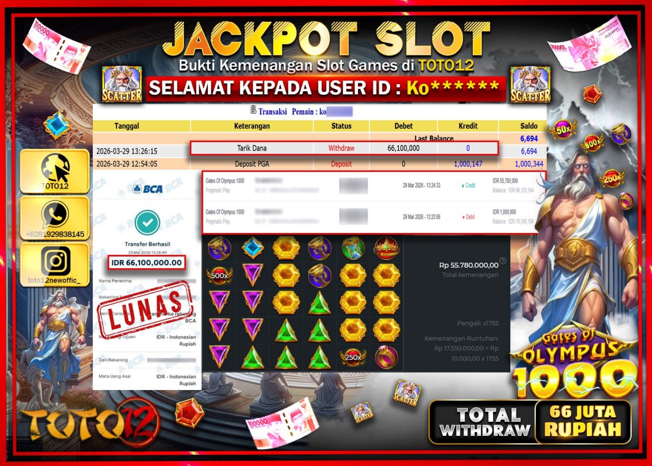 HANYA DI TOTO12 JP PASTI DI BAYAR LUNAS DAN CEPAT!!!!!! JACKPOT SLOT GAME (GATES OF OLYMPUS 1000) Rp.66.100.000!!!!