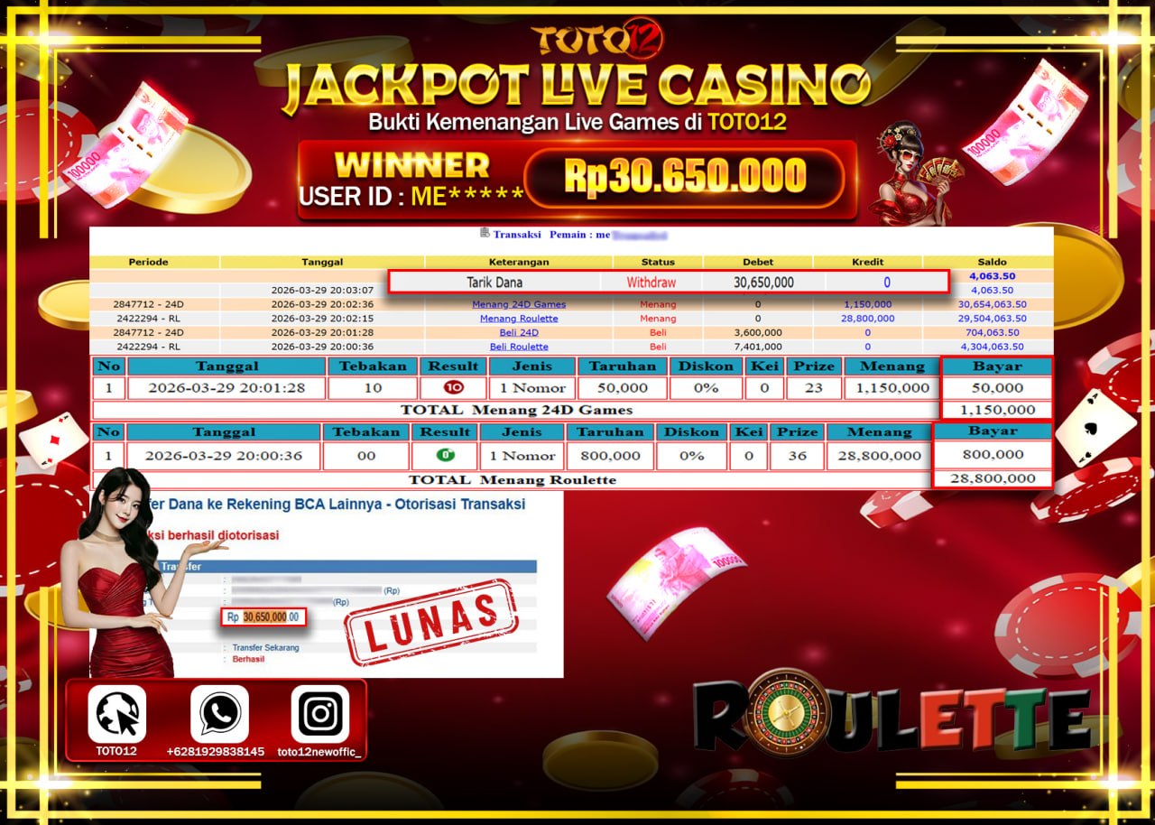 HANYA DI TOTO12 JP PASTI DI BAYAR LUNAS DAN CEPAT!!!!!! JACKPOT LIVE GAMES CASINO (24D) Rp.30.650.000!!!!